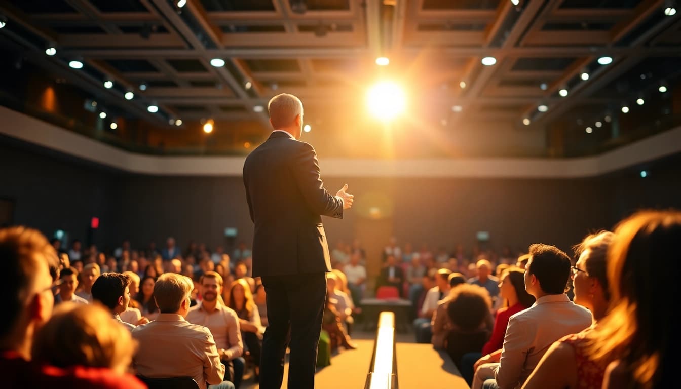 Engaging motivational speaker captivating the audience with inspiring words.