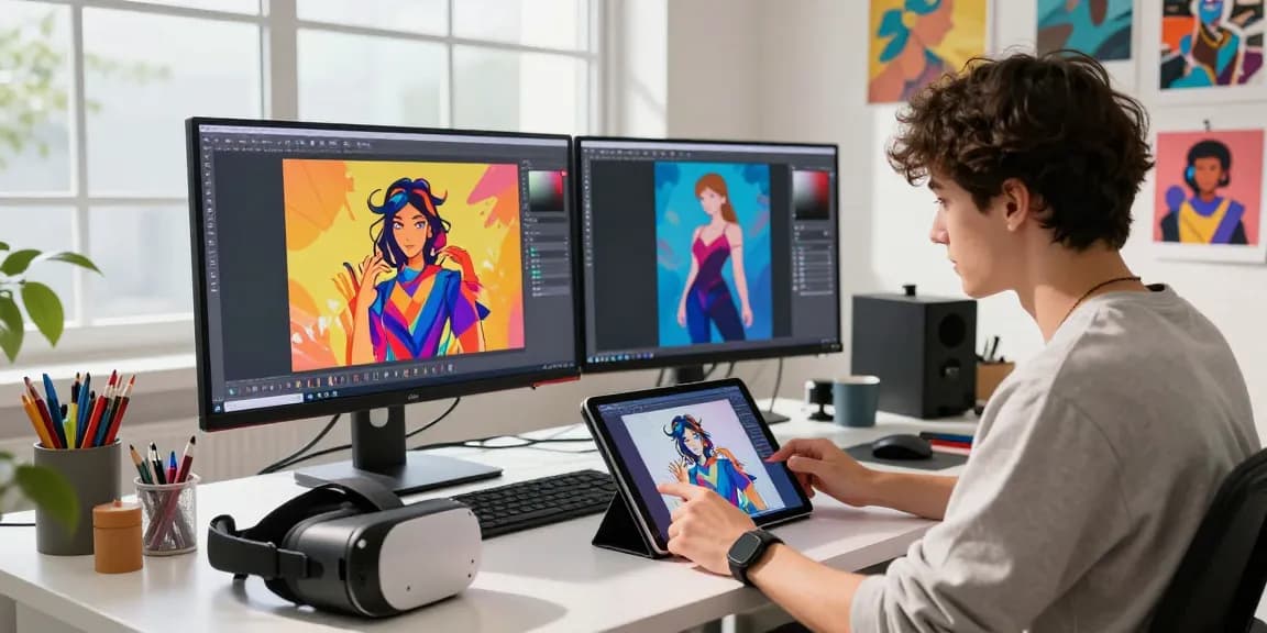 Artistic workspace showcasing an engaging NSFW AI art creation process with vibrant digital screens and an artist.