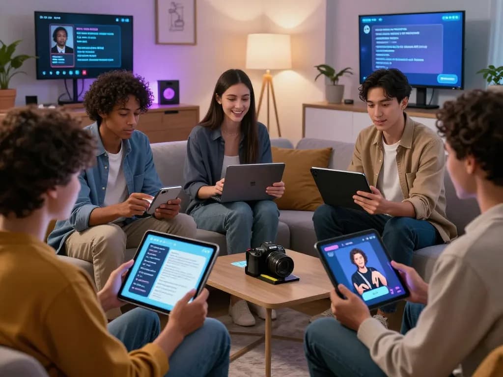 Engaging scene of diverse individuals enjoying ai sex chat interactions with advanced chatbots on modern devices.