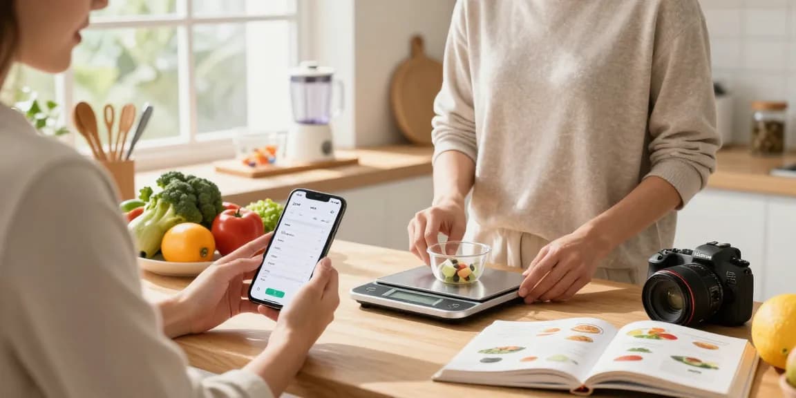 Using the best food tracker app to prepare healthy meals in a bright kitchen.