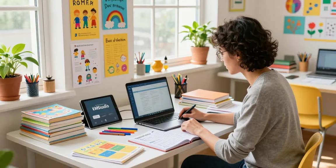 Teacher using an online lesson planner, EMStudio, in a vibrant classroom, surrounded by educational resources.