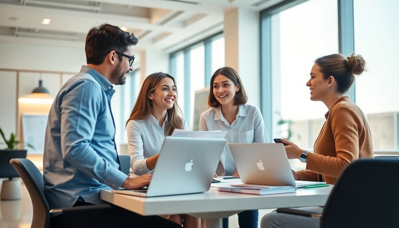 Highlighting TOEIC test takers for hire collaborating in a professional office setting.