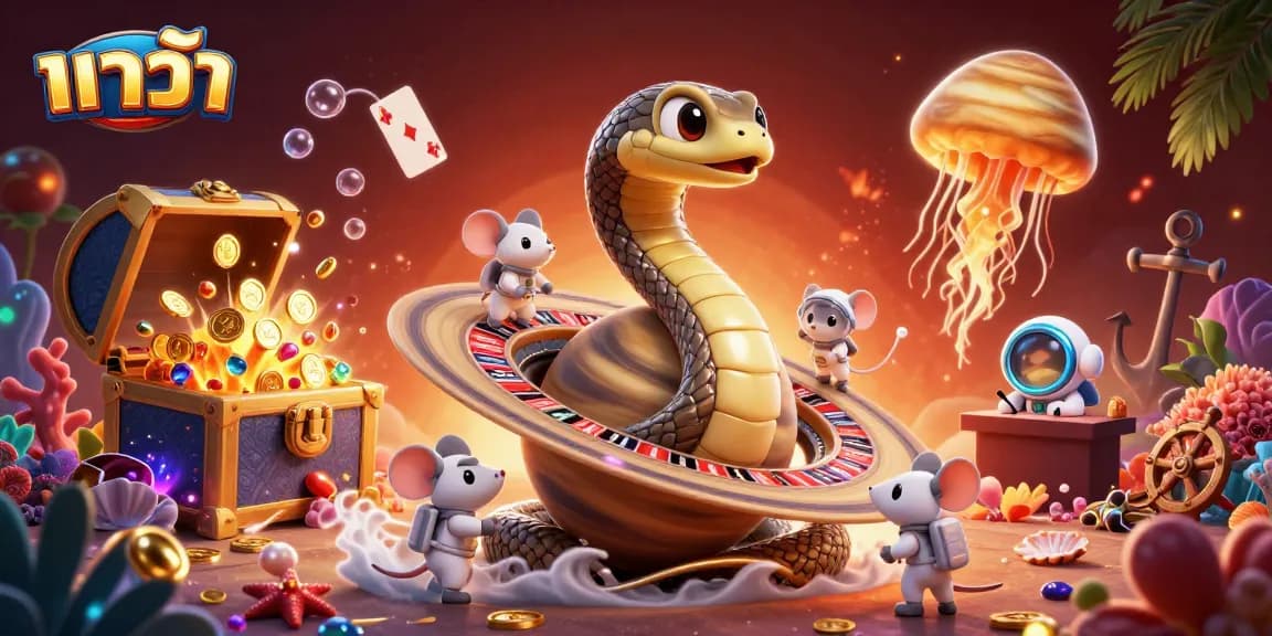 Baccarat game scene with astronaut mice betting on a roulette wheel, colorful gems and playing cards floating around.
