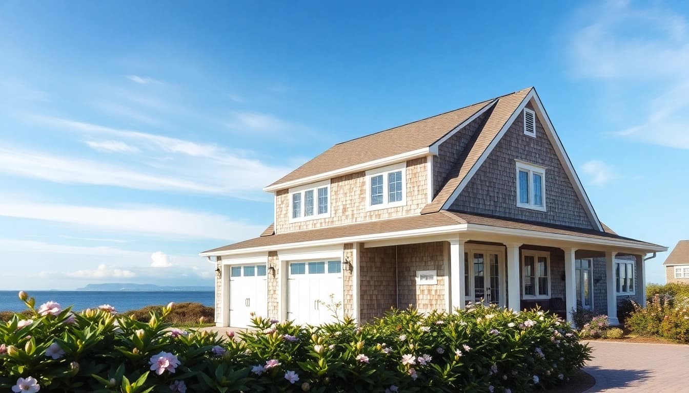 Stunning cape cod home addition showcasing a seamless attached garage and vibrant coastal landscaping.