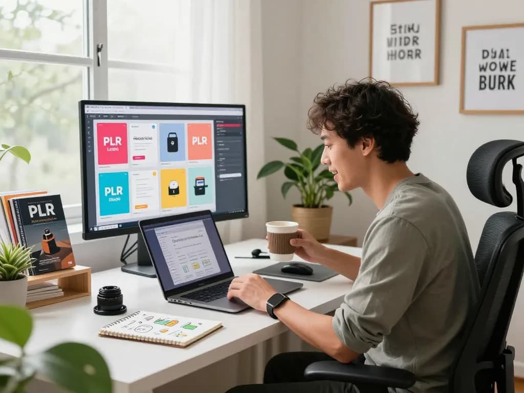 Buy PLR Digital Products in a productive home office, showcasing entrepreneurial spirit and creativity.