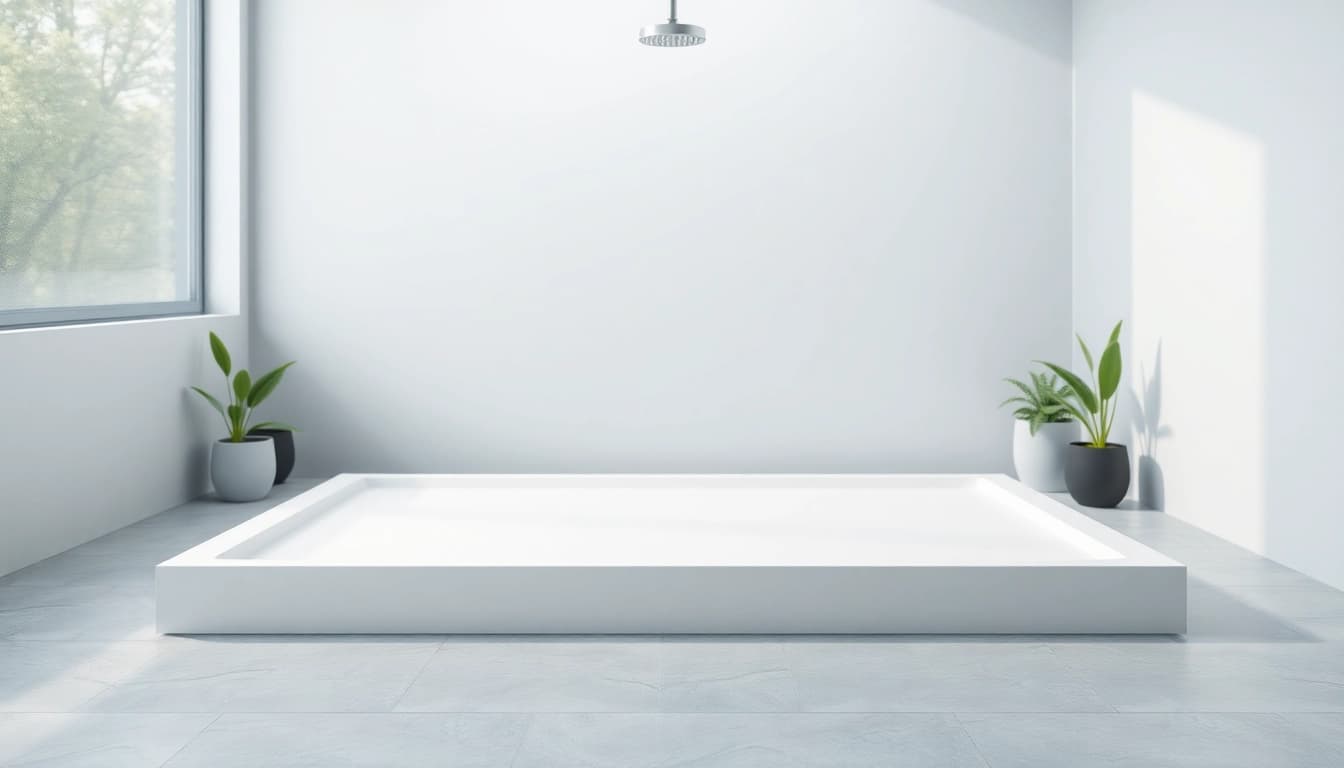Explore a modern shower base in a stylish bathroom setting featuring sleek design and natural light.