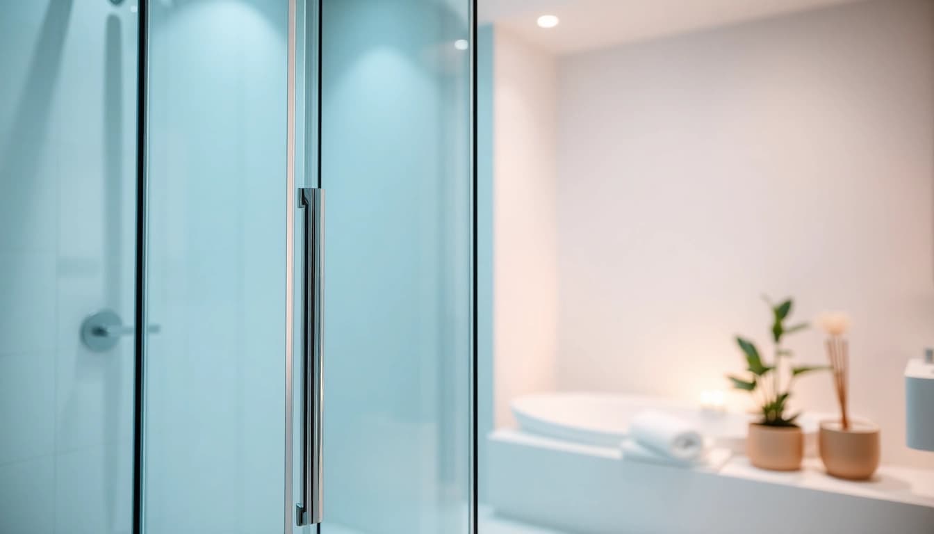 Showcase a stylish shower screen door in a contemporary bathroom with elegant reflections.