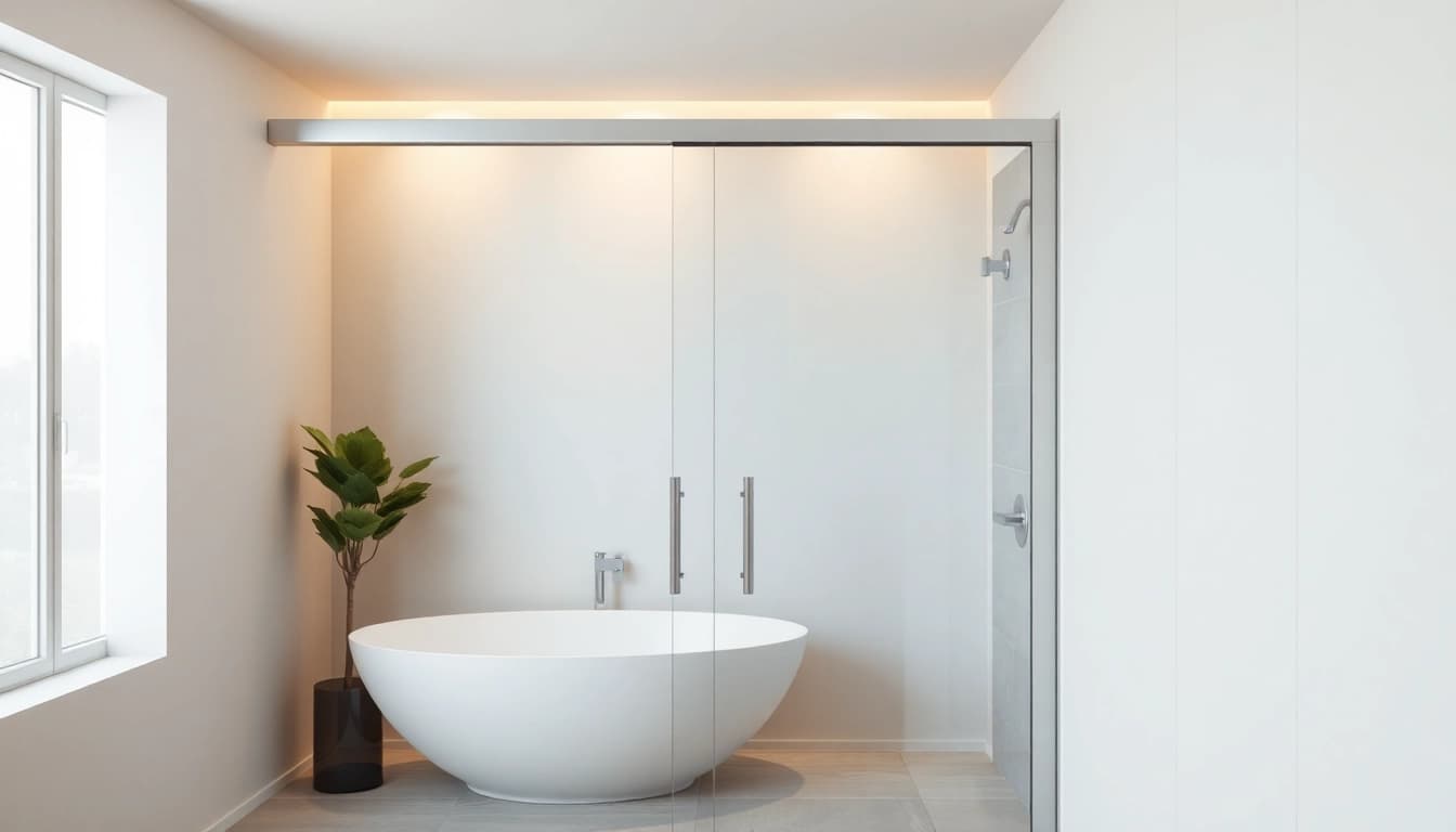 Showcasing a sliding shower door in a modern bathroom with elegant design and clear glass.