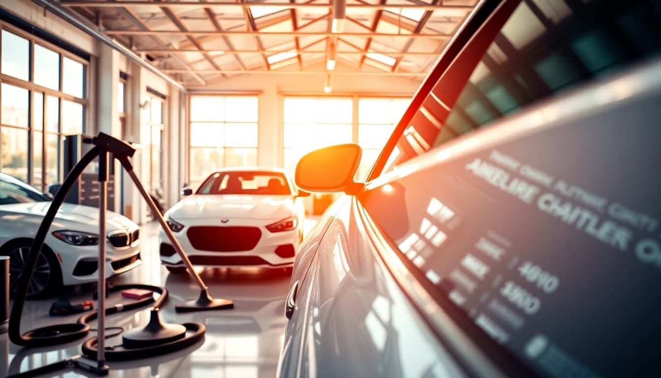 Car detailing near me showcased in a clean, professional garage setting with sparkling vehicles.