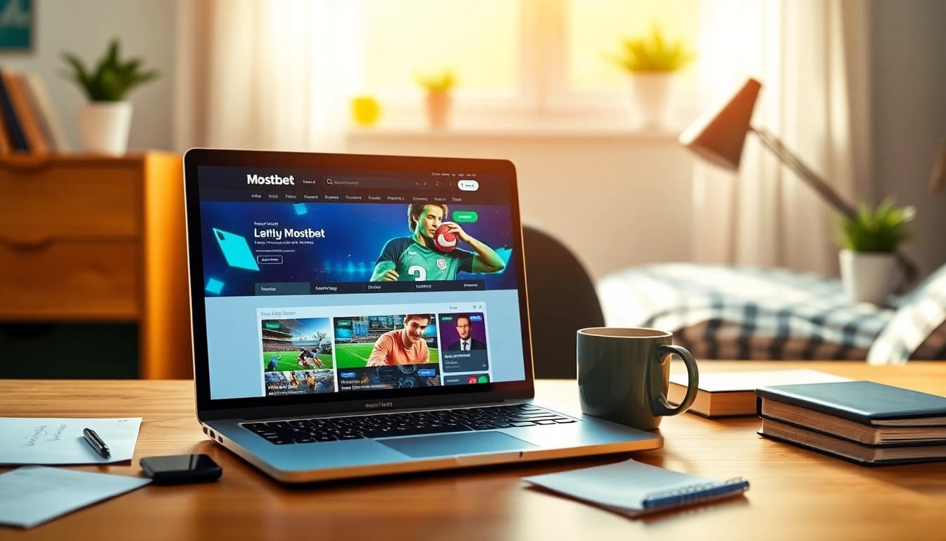 Mostbet bonus reklamını mükafatlandırmaq məqsədilə laptopda göstərir.