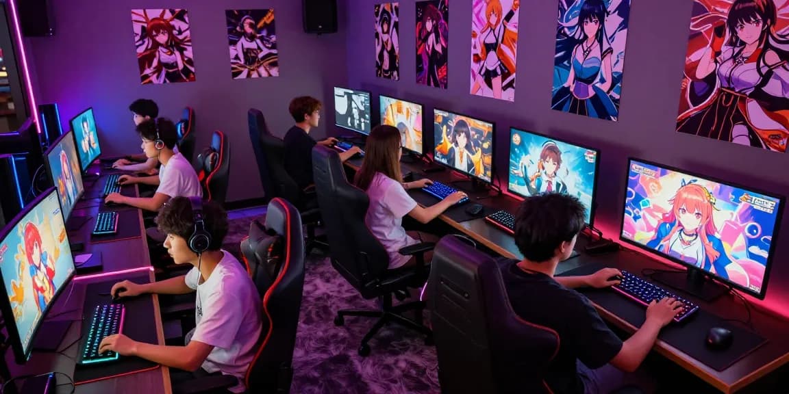 Gamers enjoying vibrant hentaigames together in a trendy lounge with colorful character visuals and gaming accessories.