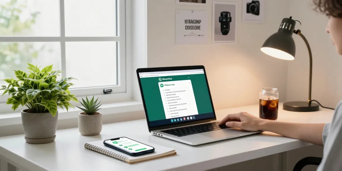 Using WhatsApp網頁版 on a laptop in a modern home office with natural lighting and motivational decor.
