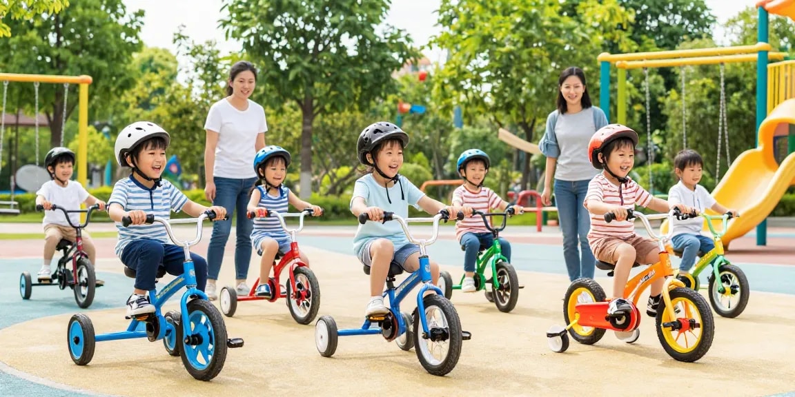 Children joyfully riding the best kids tricycles in a vibrant playground.