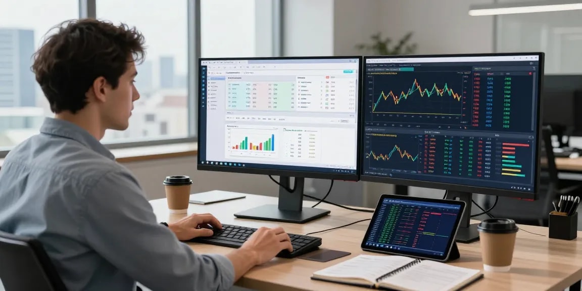 Dynamic trading office featuring MetaTrader 5 interface analysis, charts, and trading data