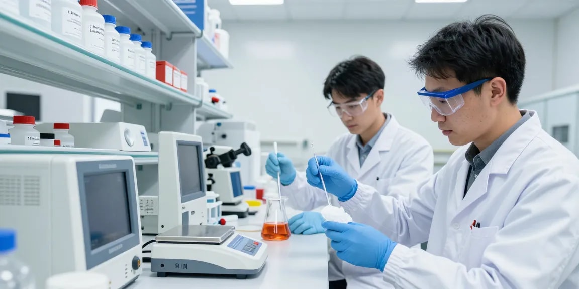 Buy lab chemicals online in a modern lab with researchers using safety equipment and precision instruments.