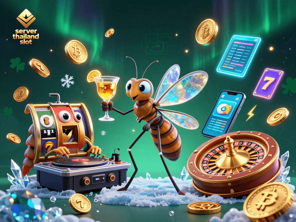 Play on the server thailand slot with a vibrant 3D casino scene featuring a unique frozen mascot and crypto elements.