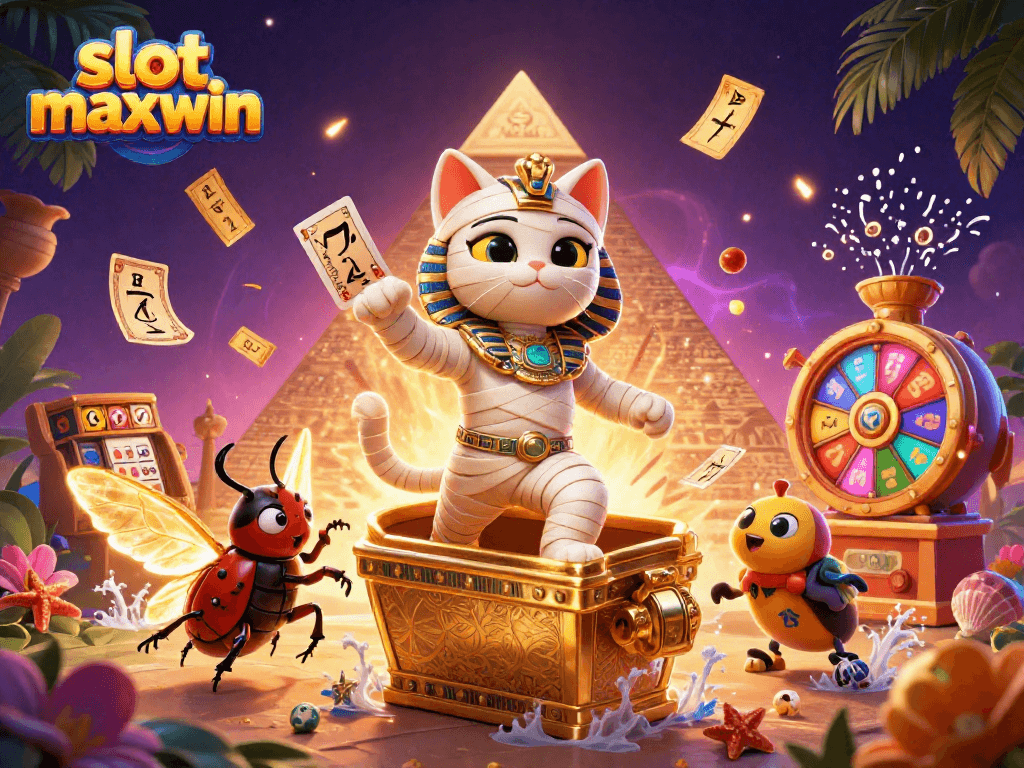 Experience the thrill of slot maxwin with an Egyptian mummy cat in a vibrant casino scene.