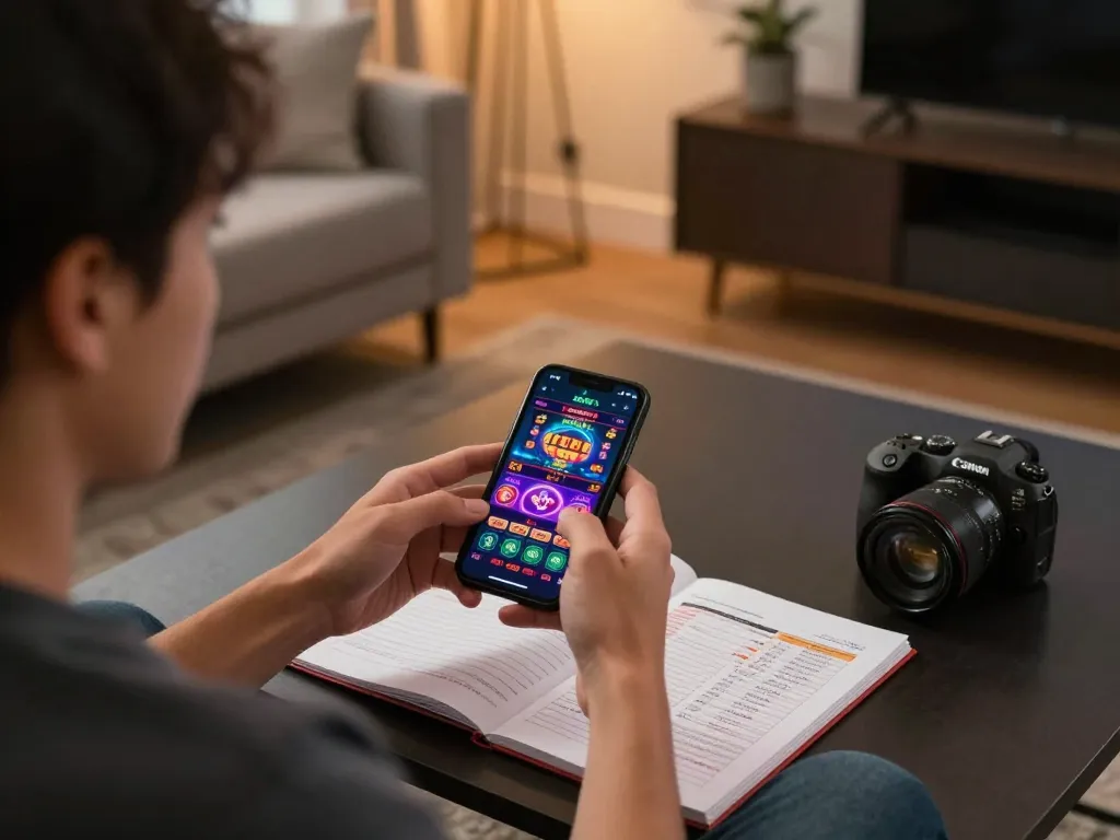 Engaging in online casinos in Canada reddit on a smartphone in a cozy living room.
