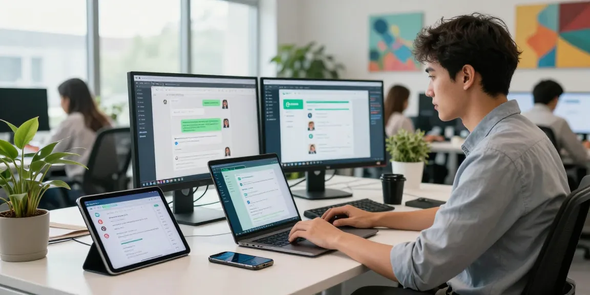 Professional using WhatsApp網頁版 on a laptop in a modern tech workspace, surrounded by digital devices and a collaborative atmosphere.