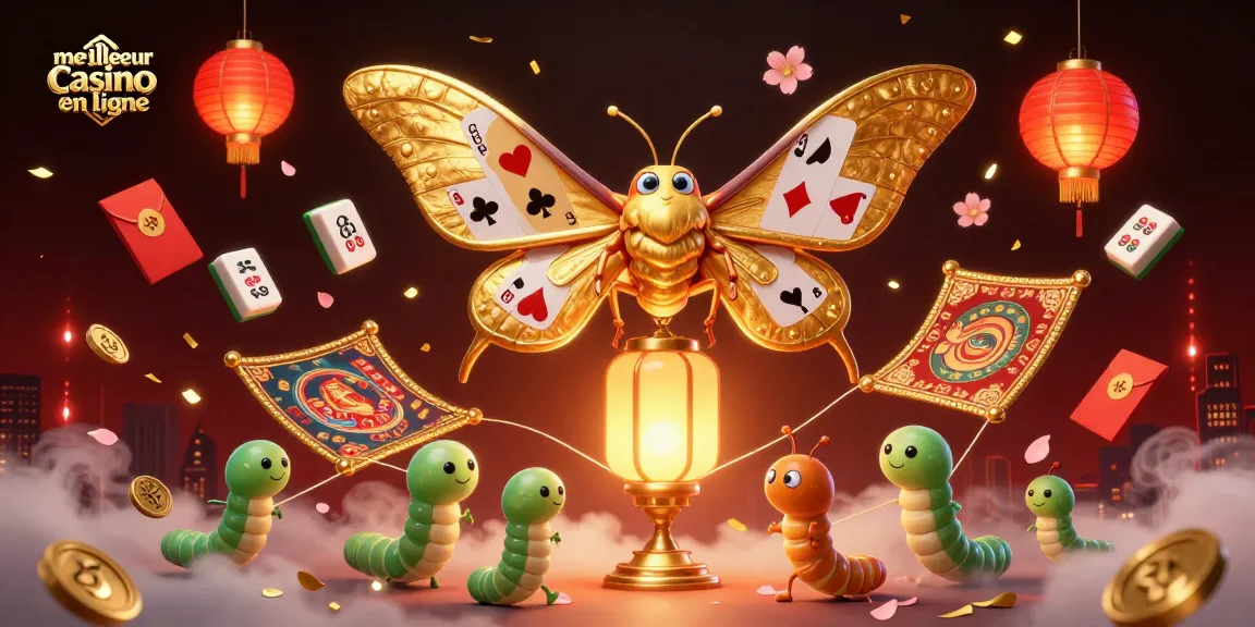 Illustration représentant le meilleur casino en ligne avec un papillon illustré, lanternes et éléments de jeu.