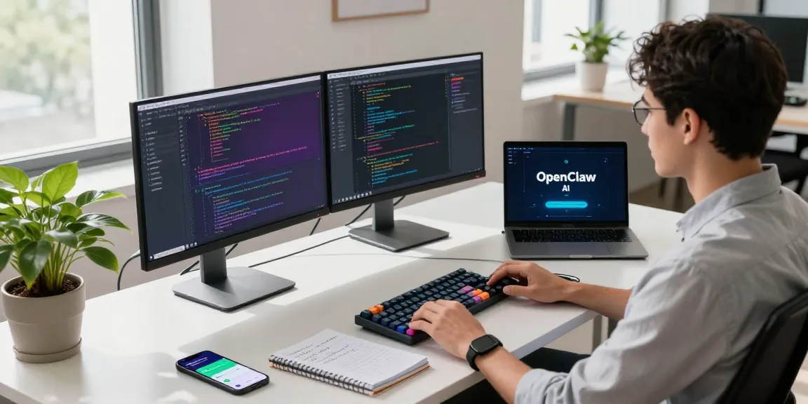 Developer using OpenClaw AI in a modern tech workspace with vibrant coding visible on multiple screens.