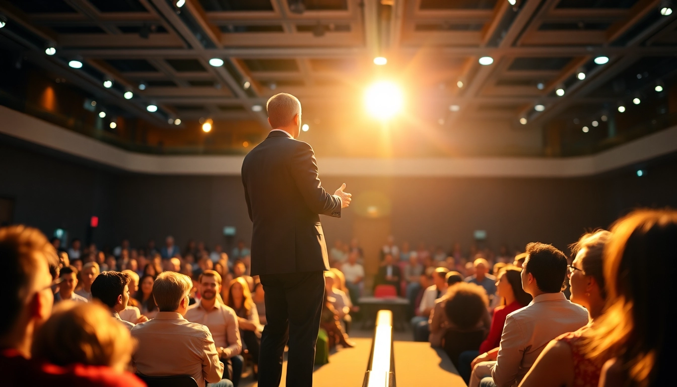 Engaging motivational speaker captivating the audience with inspiring words.