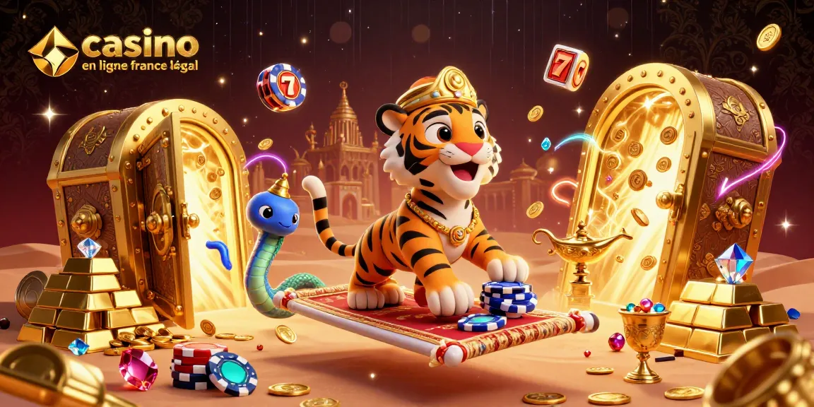 Naviguez dans le monde des jeux avec casino en ligne France légal, illustrant un sultan tigre sur un tapis volant de jetons de poker.