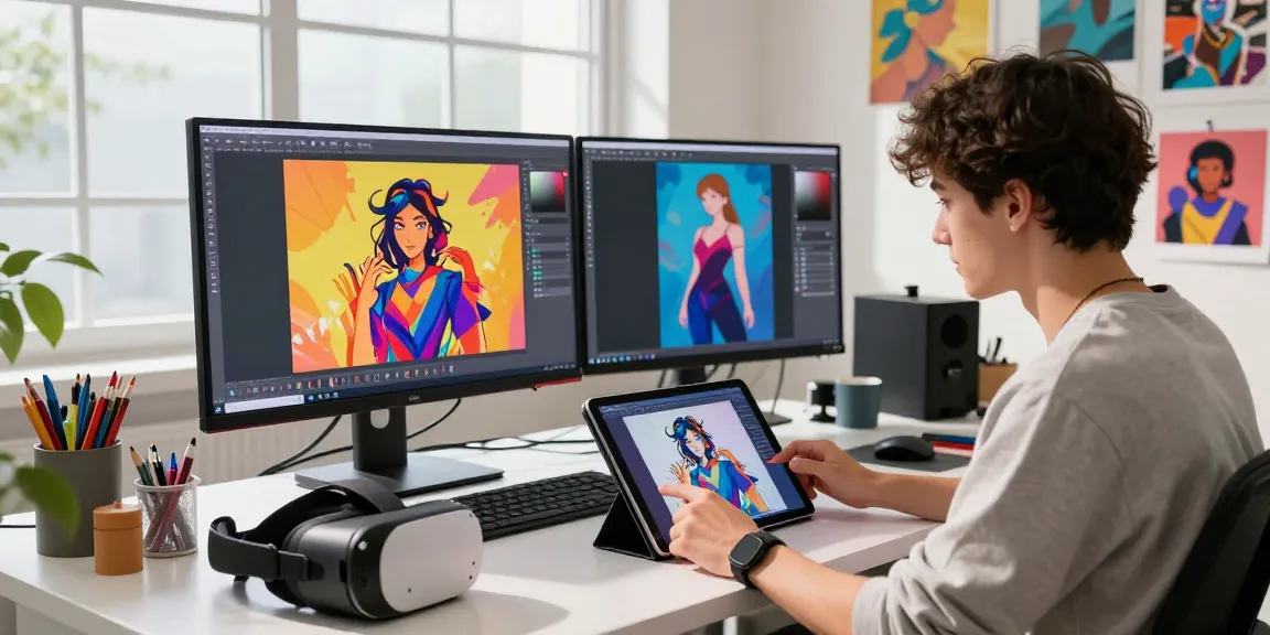 Artistic workspace showcasing an engaging NSFW AI art creation process with vibrant digital screens and an artist.