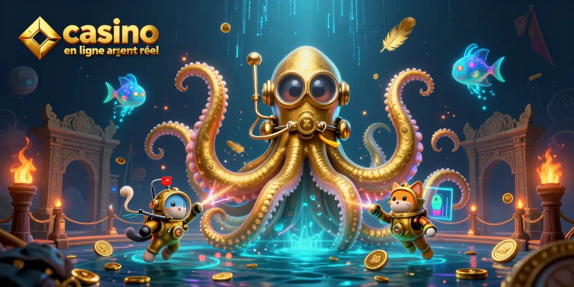 Plongez dans l'univers du casino en ligne argent réel avec un kraken doré et un chat plongeur