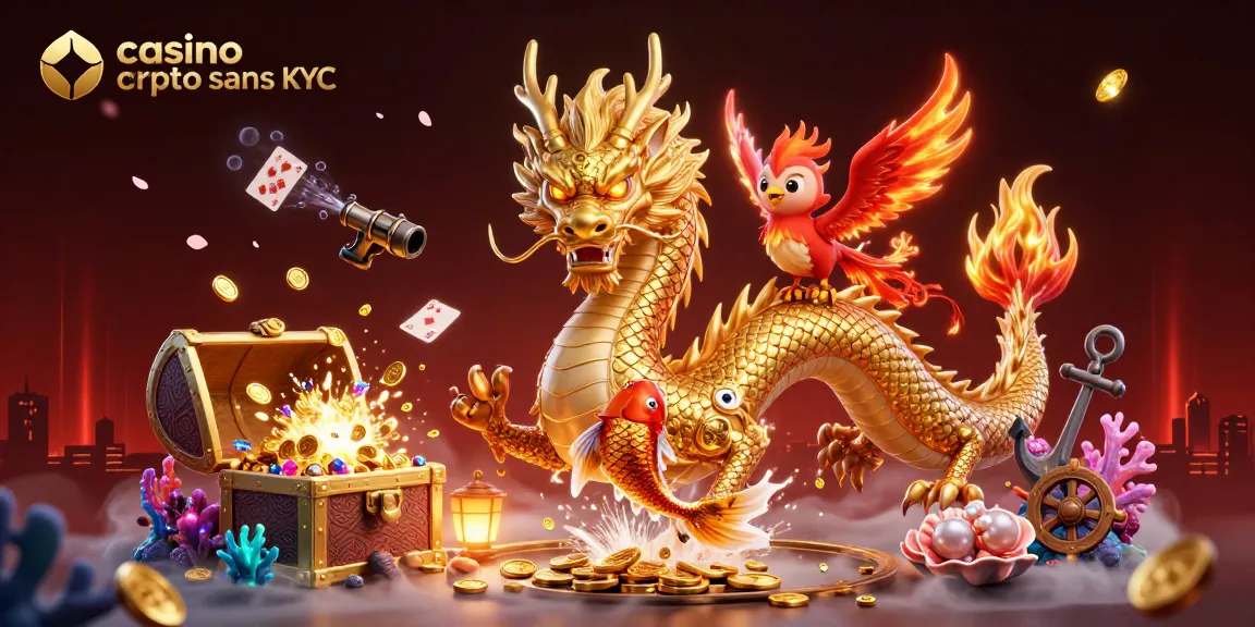 Profiter des gains sur un casino crypto sans KYC avec un dragon doré et une carpe chanceuse sous un torrent de pièces.
