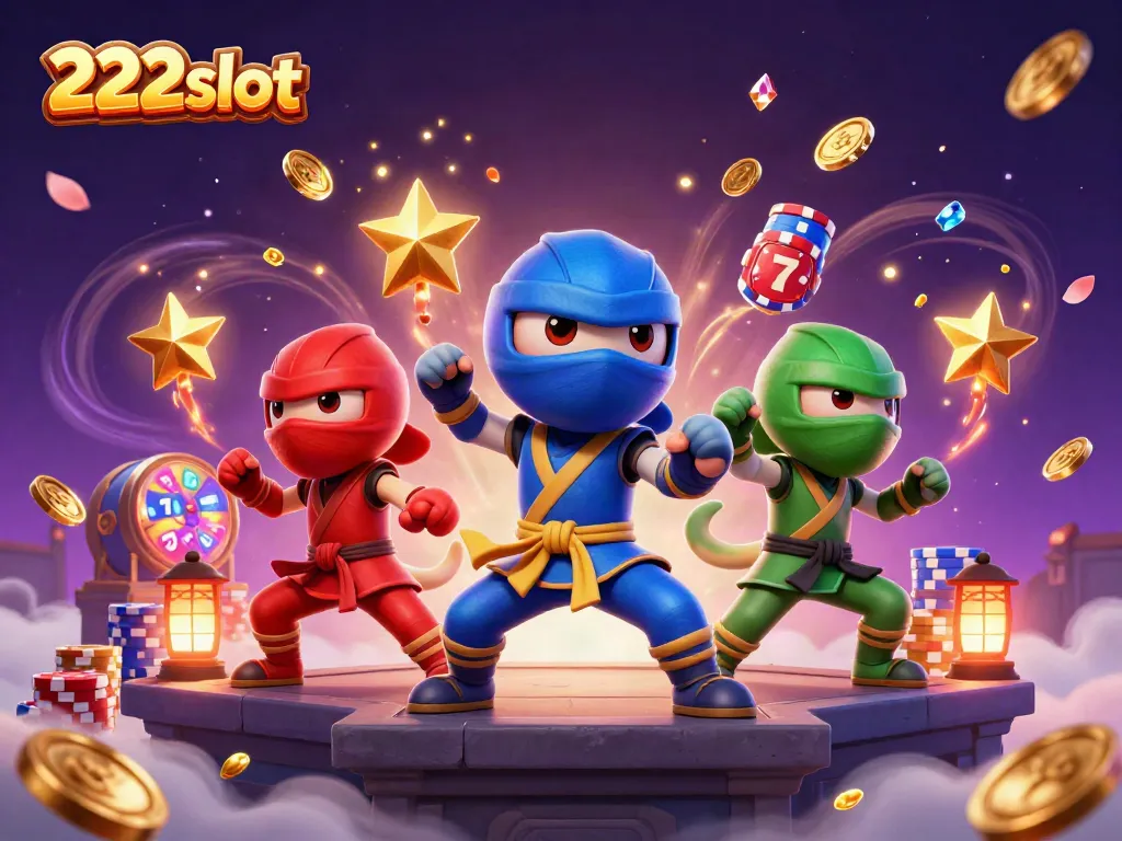 Permainan menarik 222slot dengan chameleon ninja dan koin emas yang terbang.