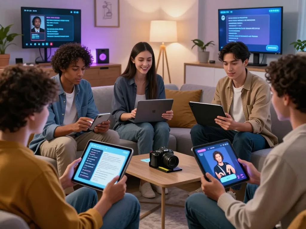 Engaging scene of diverse individuals enjoying ai sex chat interactions with advanced chatbots on modern devices.