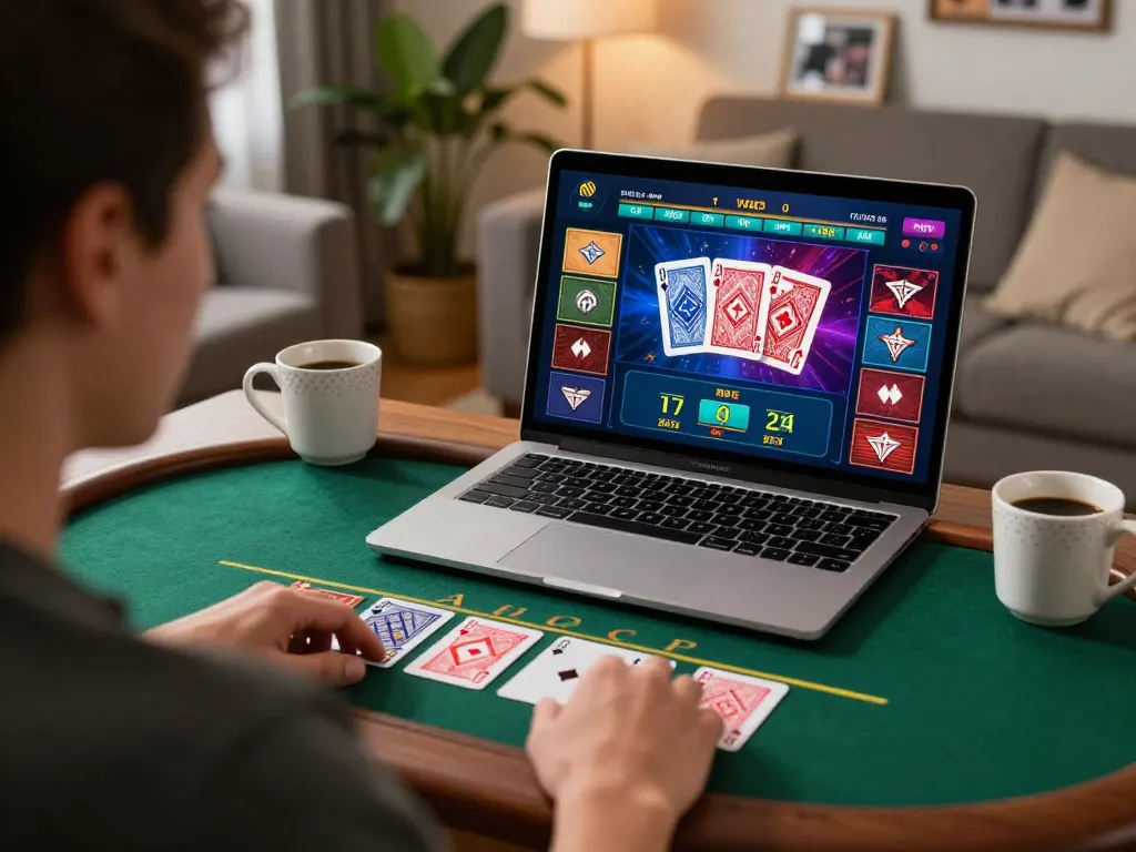 Engaging in tor hidden wiki online blackjack game at home with laptop and cozy atmosphere