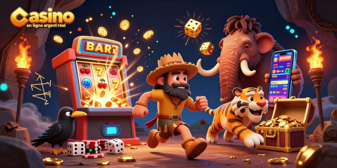Illustration animée représentant un casino en ligne argent réel avec des personnages de la préhistoire et une machine à sous.