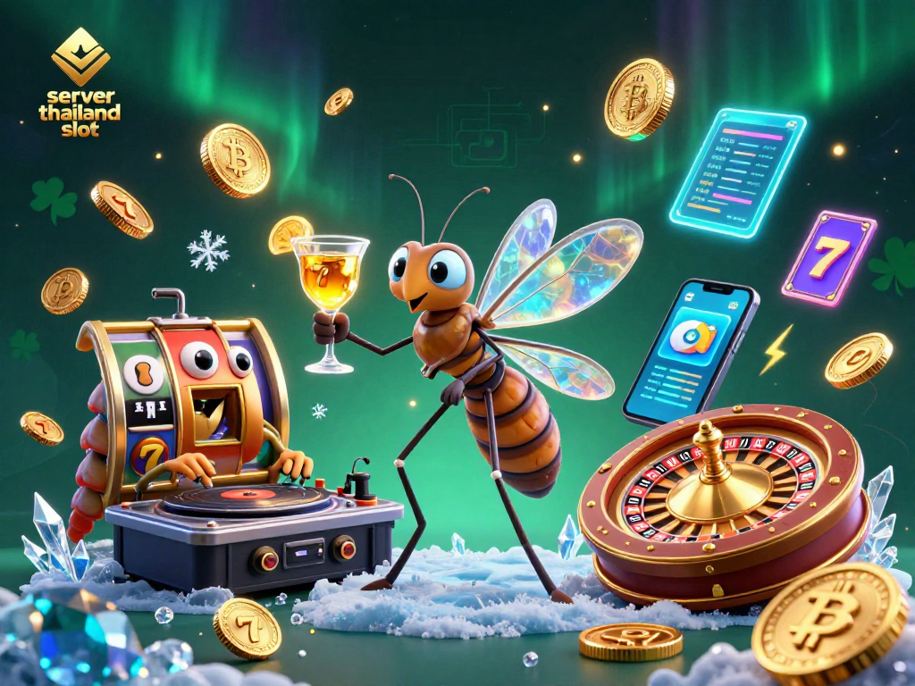 Play on the server thailand slot with a vibrant 3D casino scene featuring a unique frozen mascot and crypto elements.