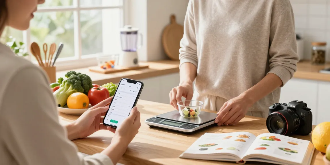 Using the best food tracker app to prepare healthy meals in a bright kitchen.