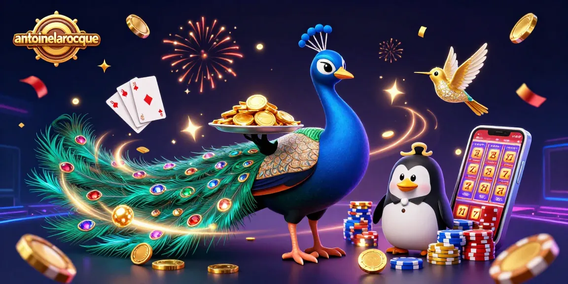 Experience the vibrant energy of gambling with antoinelarocque showcasing a peacock and penguin amid dazzling casino elements.