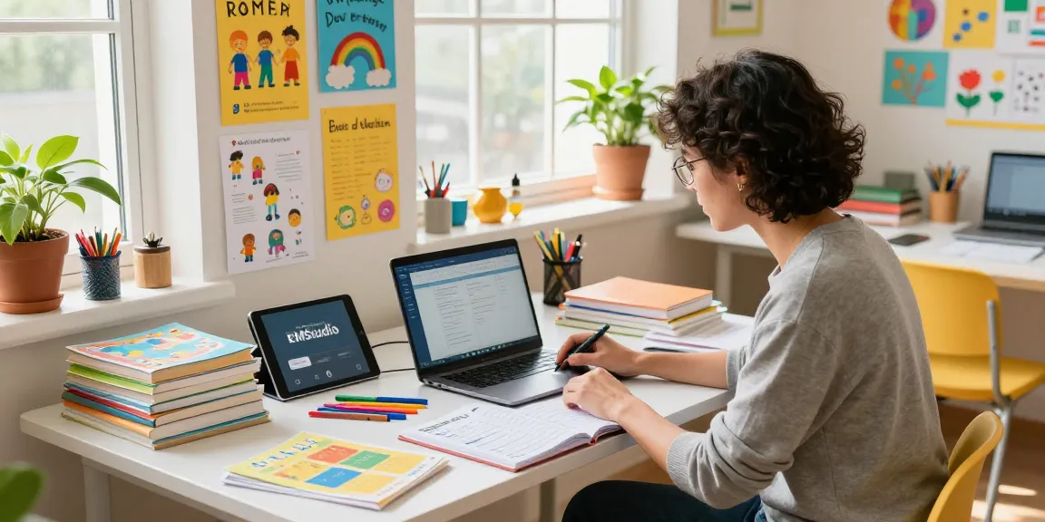 Teacher using an online lesson planner, EMStudio, in a vibrant classroom, surrounded by educational resources.