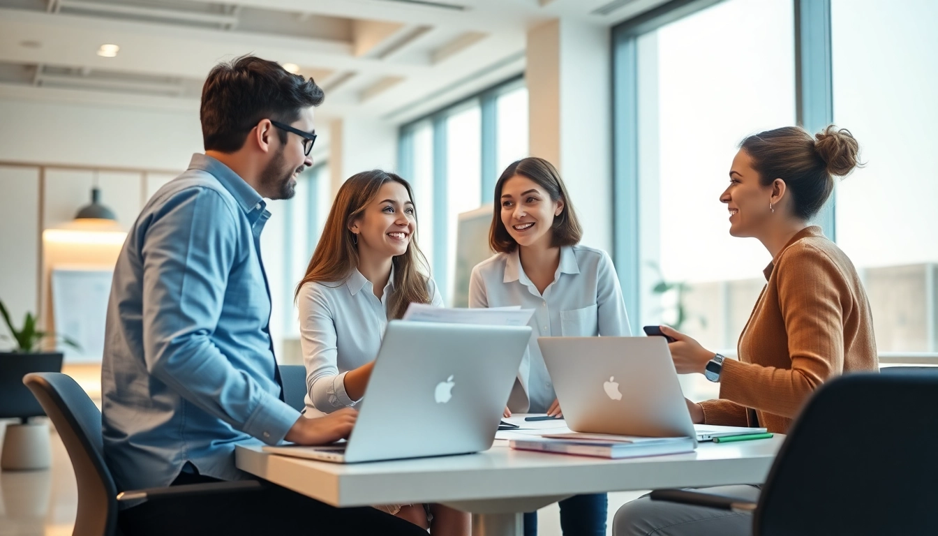 Highlighting TOEIC test takers for hire collaborating in a professional office setting.