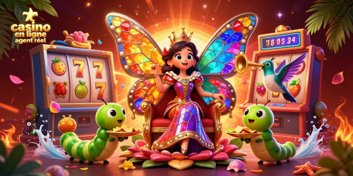 Jouez au casino en ligne argent réel avec une ambiance colorée et festive, symboles de machine à sous et personnages animés.