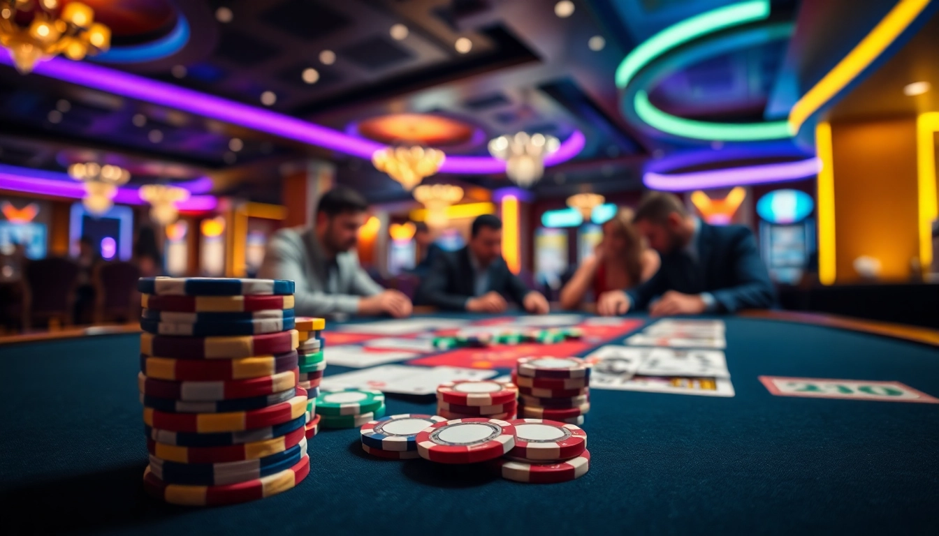 Spiele casino online spiele an einem lebhaften Tisch mit bunten Spielchips.