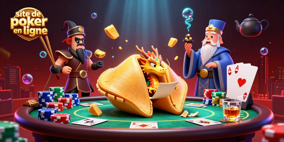 Jouer sur un site de poker en ligne avec un dragon sage, des jetons de poker, et une ambiance de fortune.