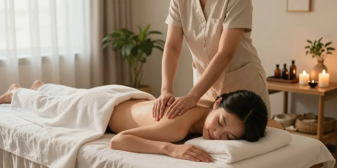 편안한 검단출장마사지 치료 장면, 아시아 여성 마사지사가 고객에게 부드러운 치료를 제공합니다.