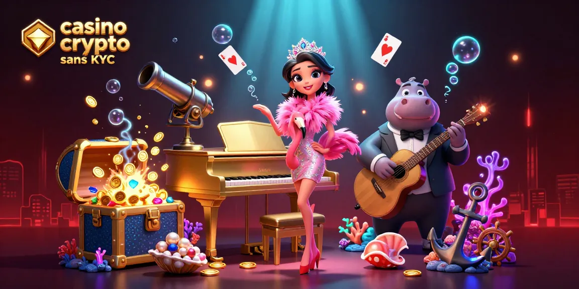 Jouez dans un casino crypto sans KYC, illustré par une scène animée de chanteuse flamingo et ses amis bassistes.