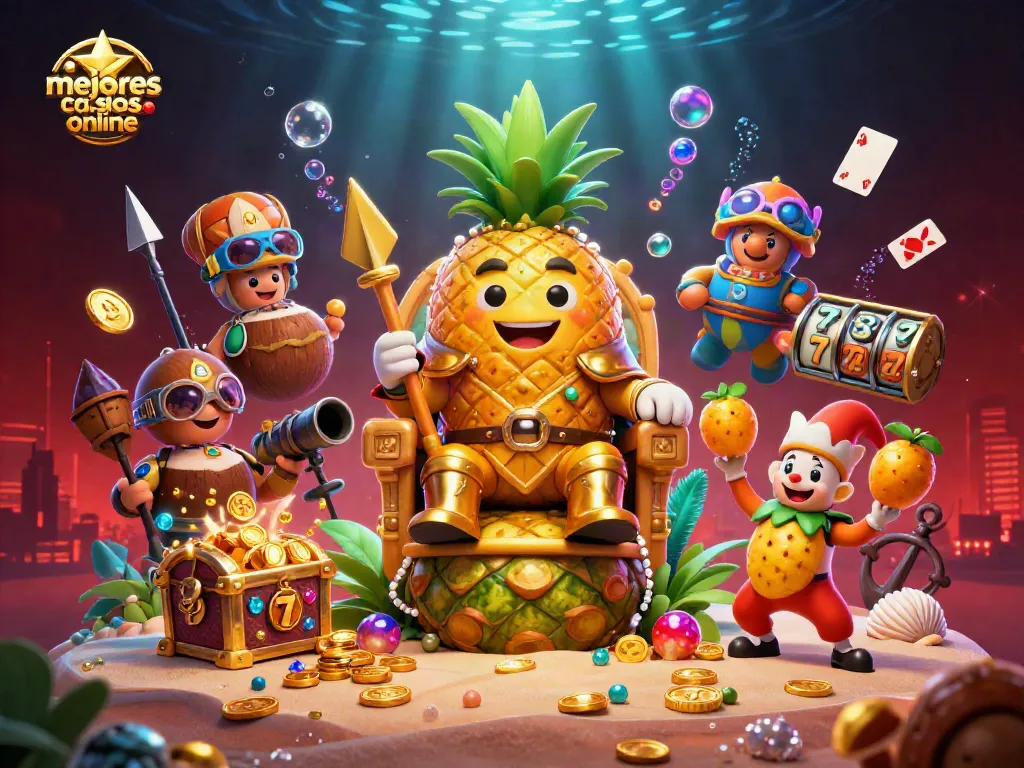 Visualiza los mejores casinos online con el rey piña y sus guardianes en una escena de casino vibrante.