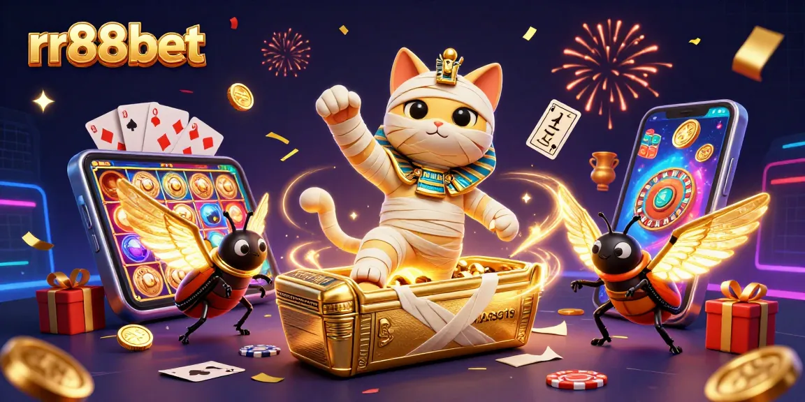 Play engaging games at rr88bet with the Egyptian mummy cat and scarab beetle in an exciting casino scene.