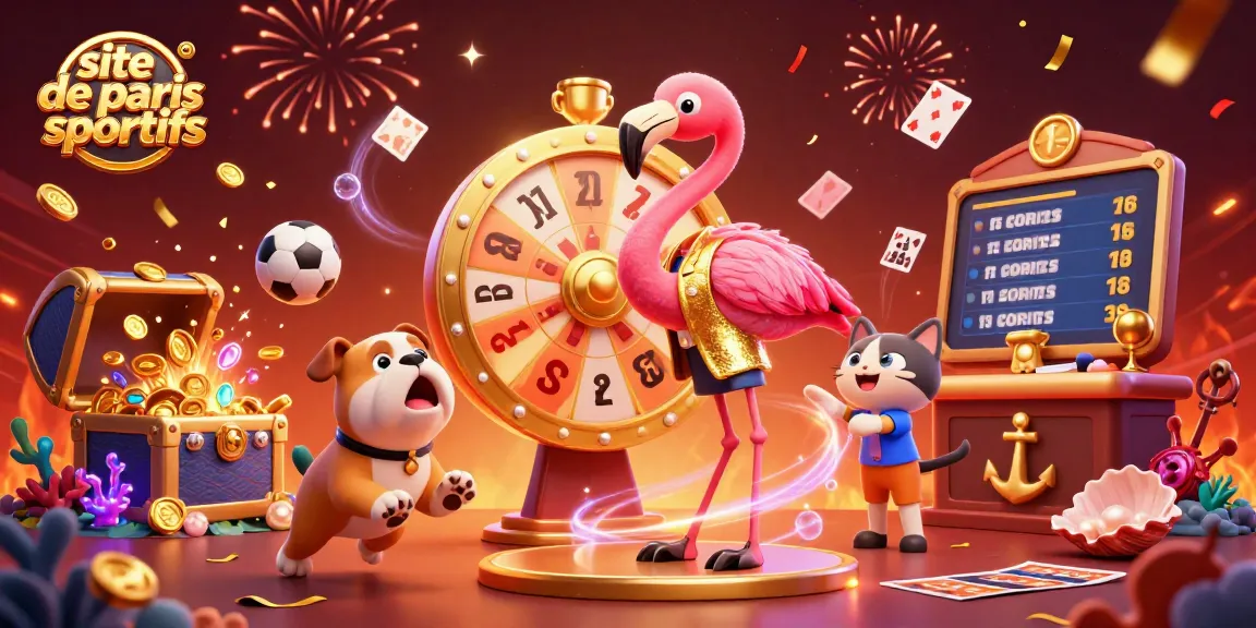 Image dynamique de jeu avec le site de paris sportifs au centre, illustrant un flamant rose animateur et un bulldog compétiteur entourés d'éléments de paris.
