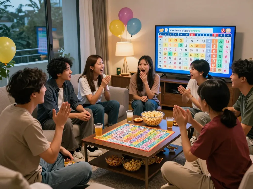 Friends celebrating Hongkong Lotto live draw together in a cozy living room.
