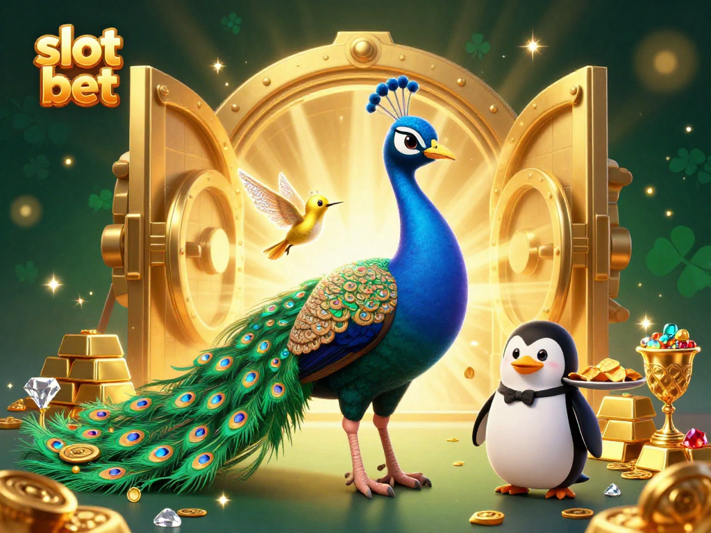 Slot bet dengan karakter kasino ceria, burung merak, penguin, dan kolibri di latar belakang gemerlap.