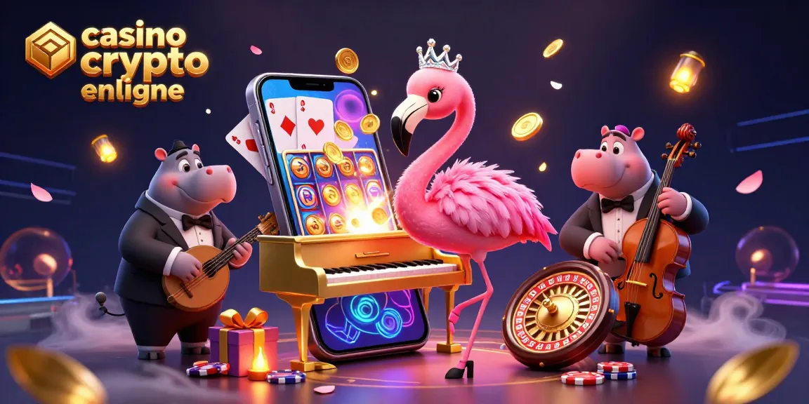 Profitez de l'univers des casinos crypto en ligne avec une illustration 3D dynamique remplie de symboles de jeu.